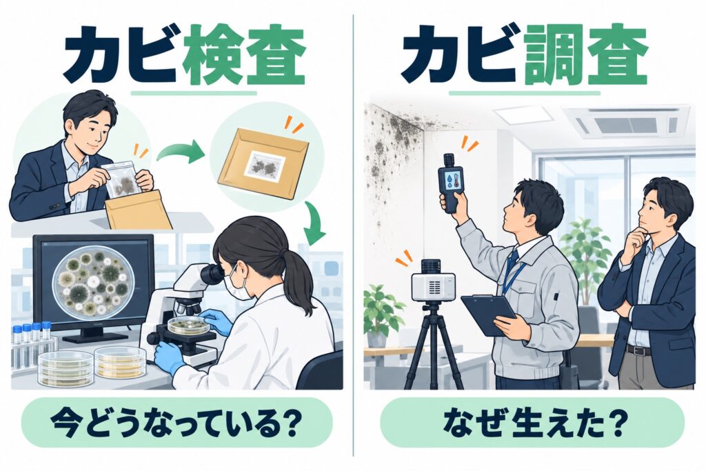 カビ検査とカビ調査の違いを示す図解
