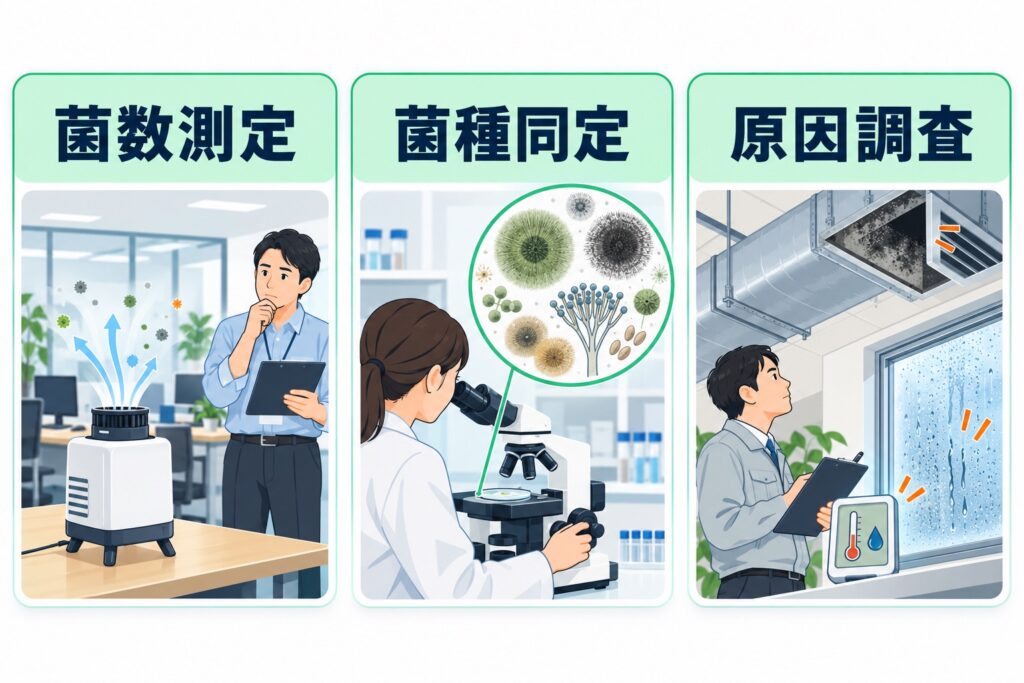 カビ調査の3つのメニュー(菌数測定・菌種同定・原因調査)の図解