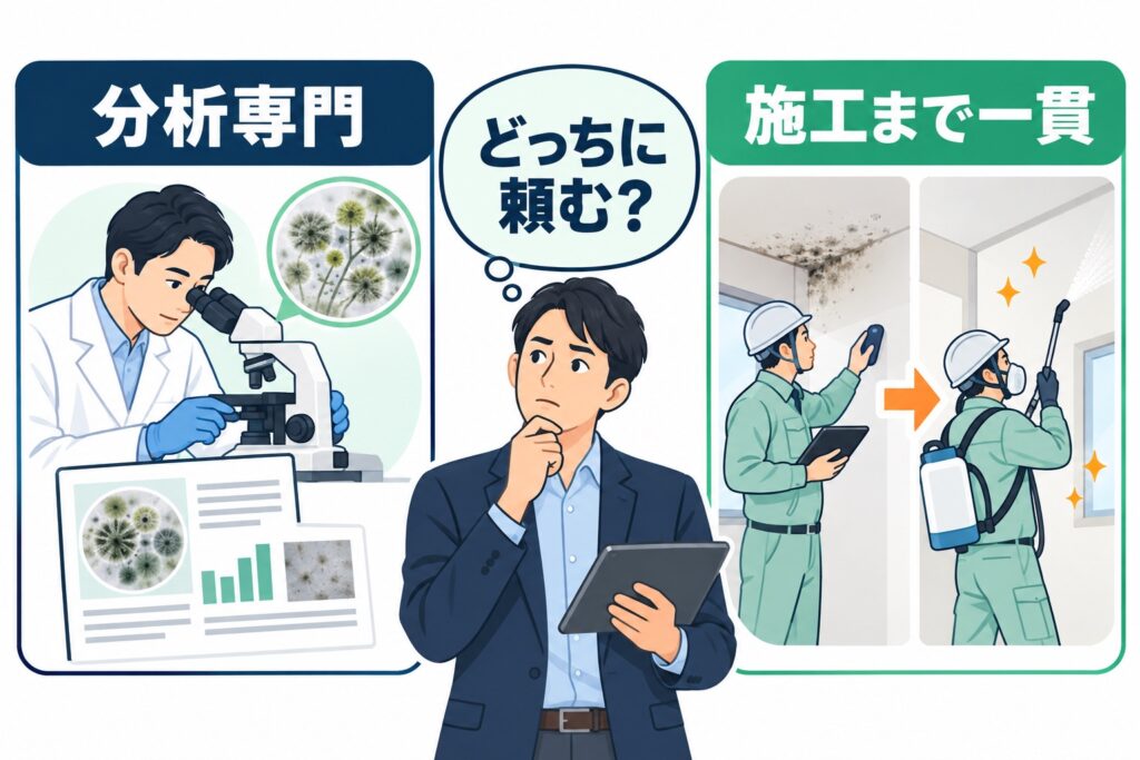 分析専門と施工まで一貫、カビ調査業者の2タイプの図解