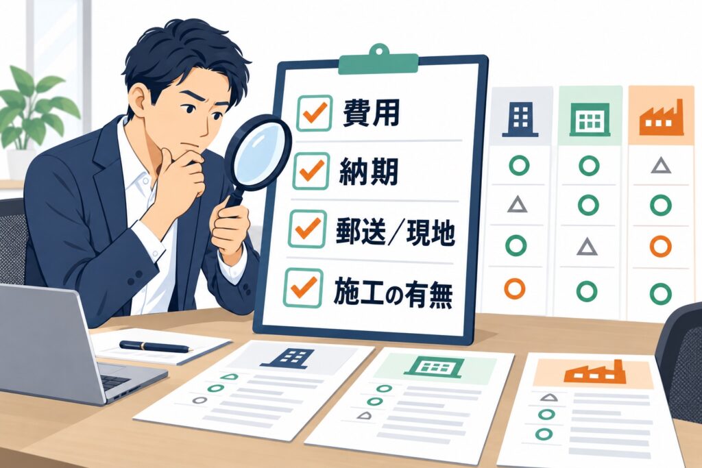 カビ調査業者を比較するチェック項目(費用・納期・郵送/現地・施工の有無)の図解
