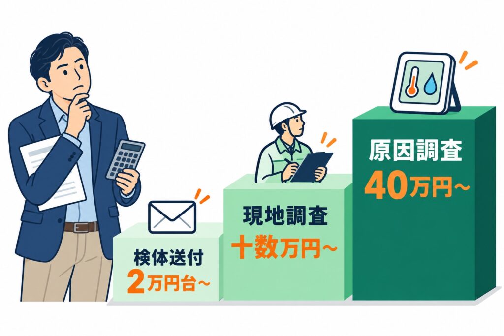 カビ調査の費用相場(検体送付2万円台〜・現地調査十数万円〜・原因調査40万円〜)の図解