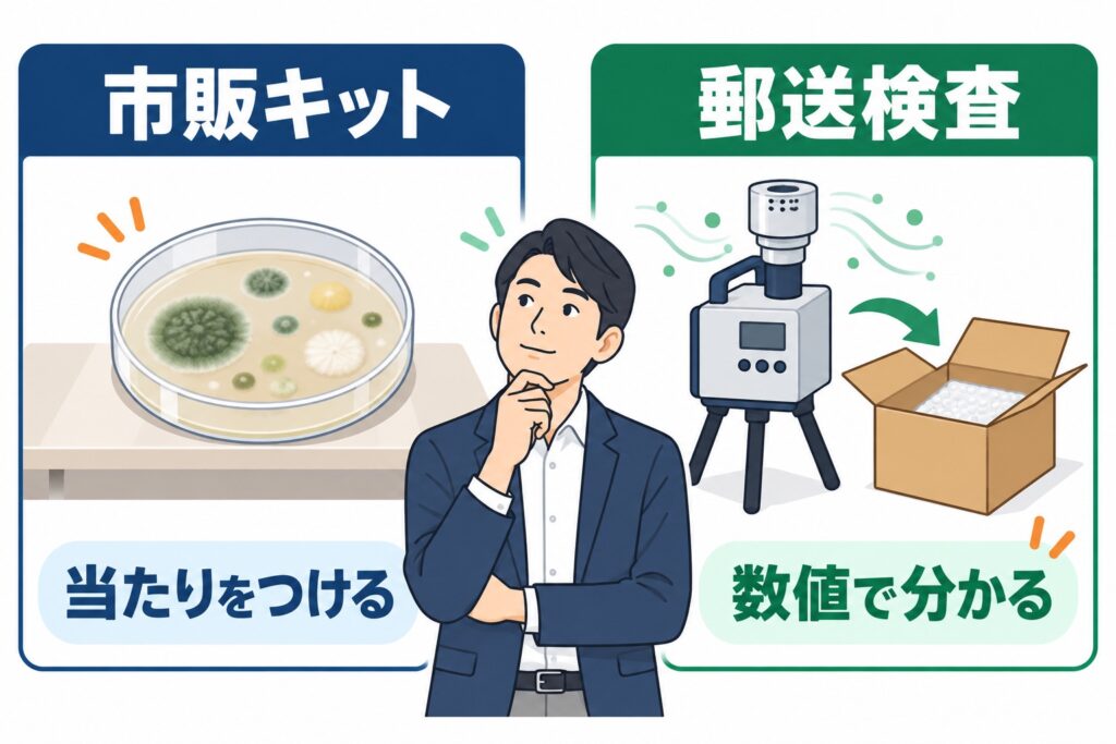 市販のカビ検査キットと郵送検査の違いの図解